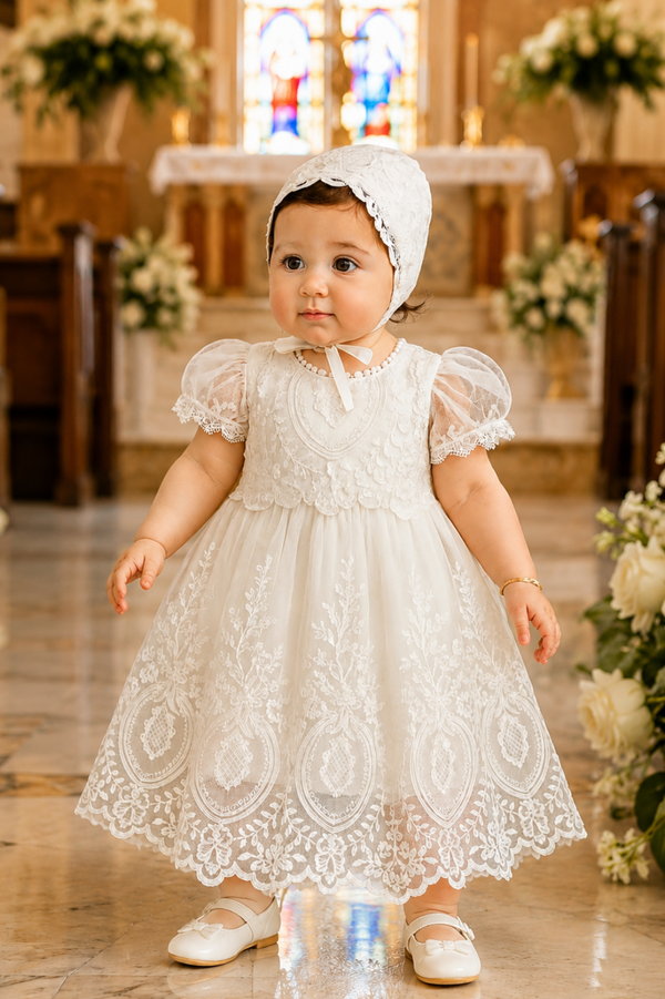white dress christening Kristina Gown & Bonnet Secured on the back with buttons and a silk ribbon sash for an easy fit Baby Girl Premium Embroidered Christening