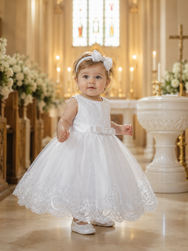 Christening Outfit Baby Girl – Handmade White Lace Baptism Dress with Floral Headband