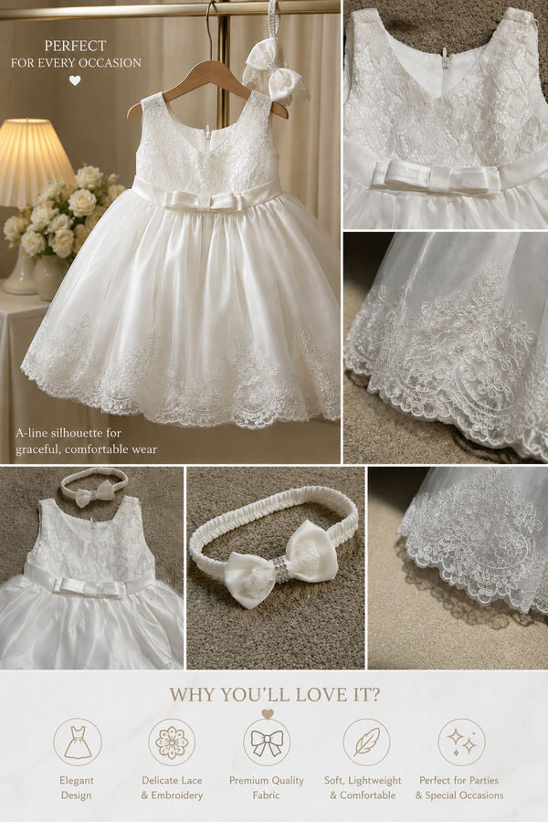 Christening Outfit Baby Girl – Handmade White Lace Baptism Dress with Floral Headband