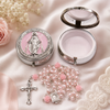Pink Rose Bead Rosary with Silver Crucifix – Catholic Prayer Beads for Baptism & First Communion