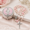 Pink Rose Bead Rosary with Silver Crucifix – Catholic Prayer Beads for Baptism & First Communion