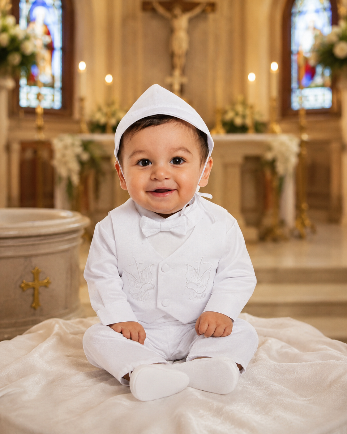 Baby Boy Christening Outfit – White Baptism Suit Set with Vest, Pants & Bonnet | Formal Baptism Clothes