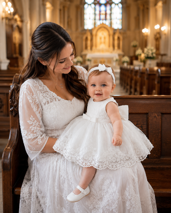 Christening Outfit Baby Girl – Handmade White Lace Baptism Dress with Floral Headband