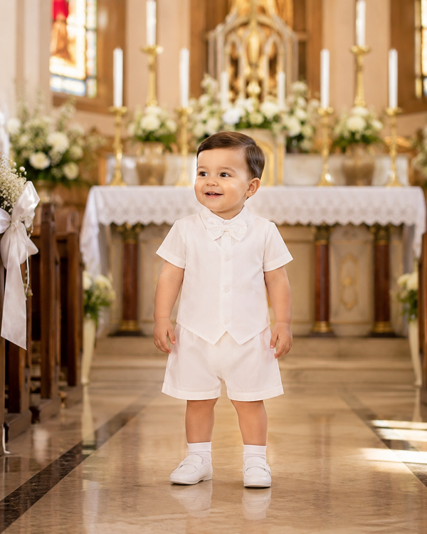 4-Piece Ivory Baby Boy Baptism Outfit – Elegant Christening Suit with Socks for Infants & Toddlers