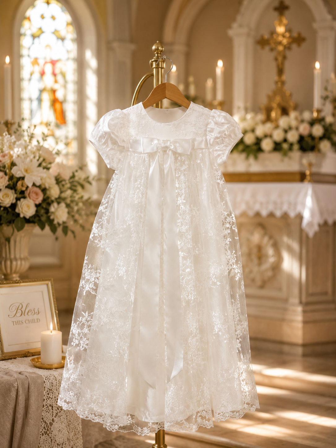 :     Luxury White Baby Girl Baptism Dress with Bonnet – Elegant Lace Christening Gown