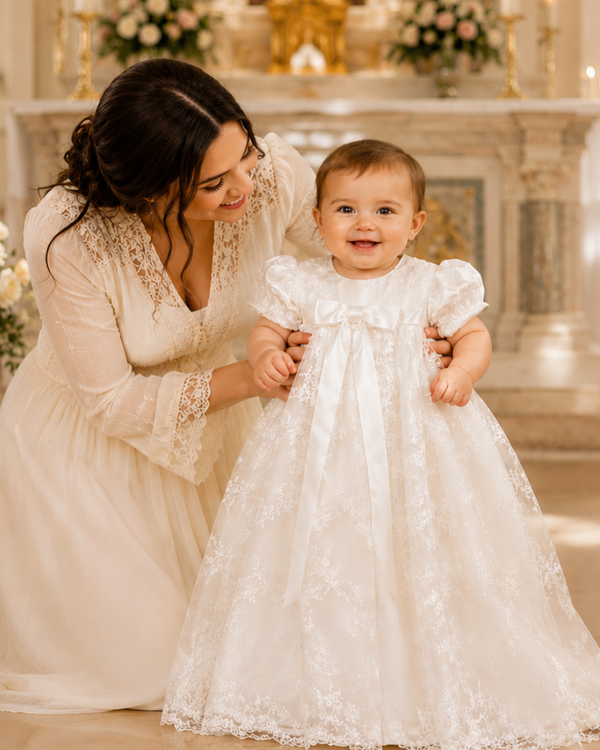 Luxury White Baby Girl Baptism Dress with Bonnet – Elegant Lace Christening Gown 9 months