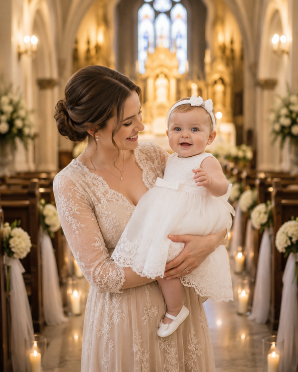 Christening Outfit Baby Girl – Handmade White Lace Baptism Dress with Floral Headband