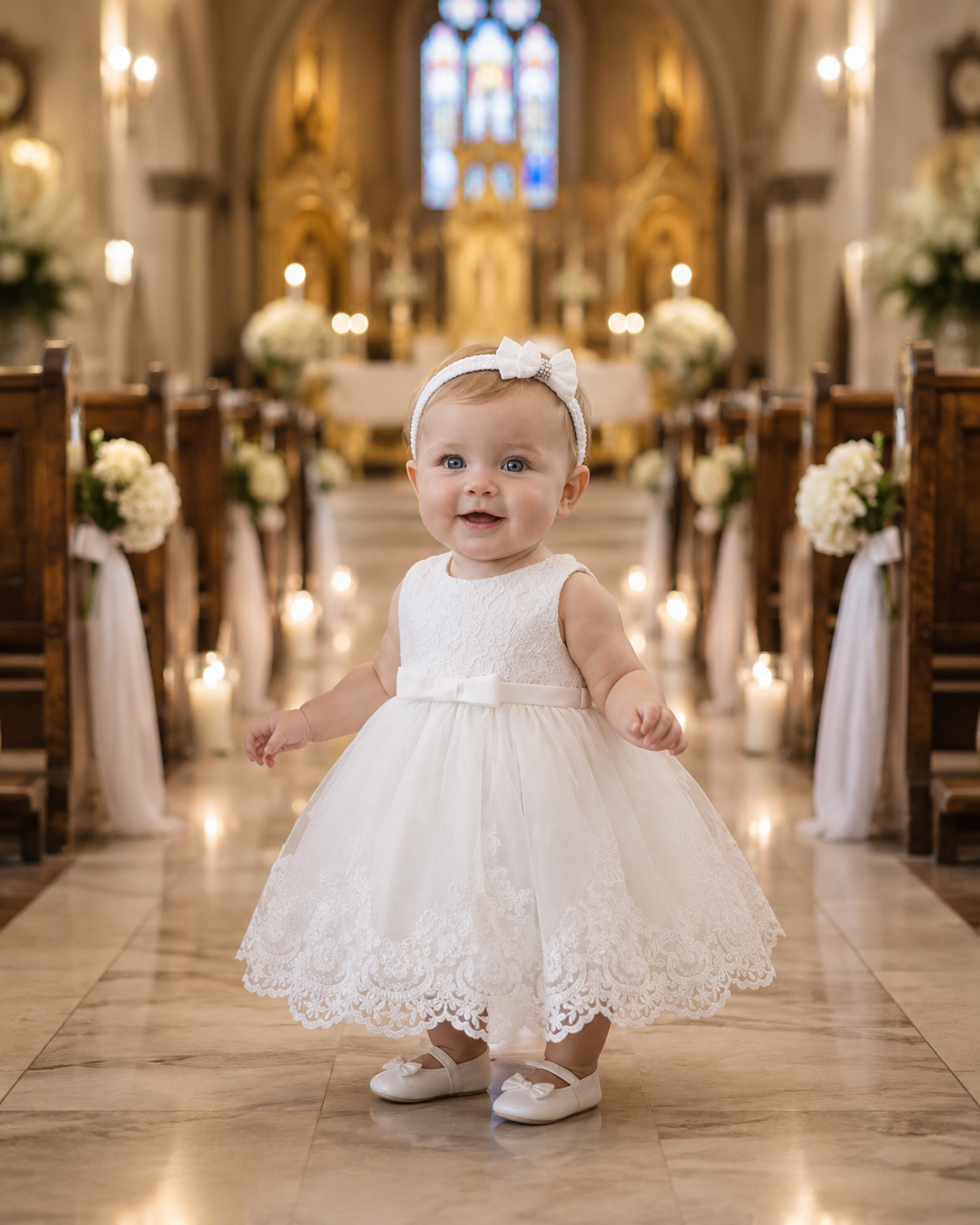 Christening Outfit Baby Girl – Handmade White Lace Baptism Dress with Floral Headband