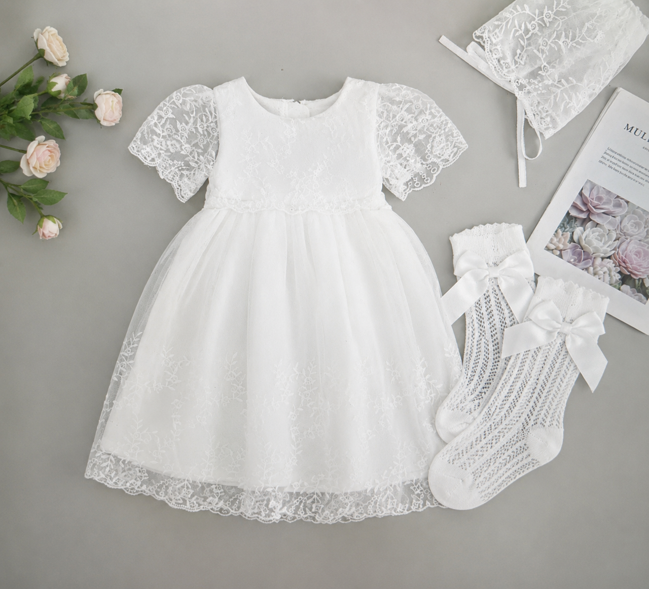 Luxury Baby Girl Baptism Dress with Matching Bonnet & Lace Socks | Elegant Christening Outfit