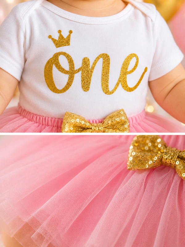 Baby Girl 1st Birthday Outfit – Pink Tutu, Gold “One” Bodysuit & Headband Set