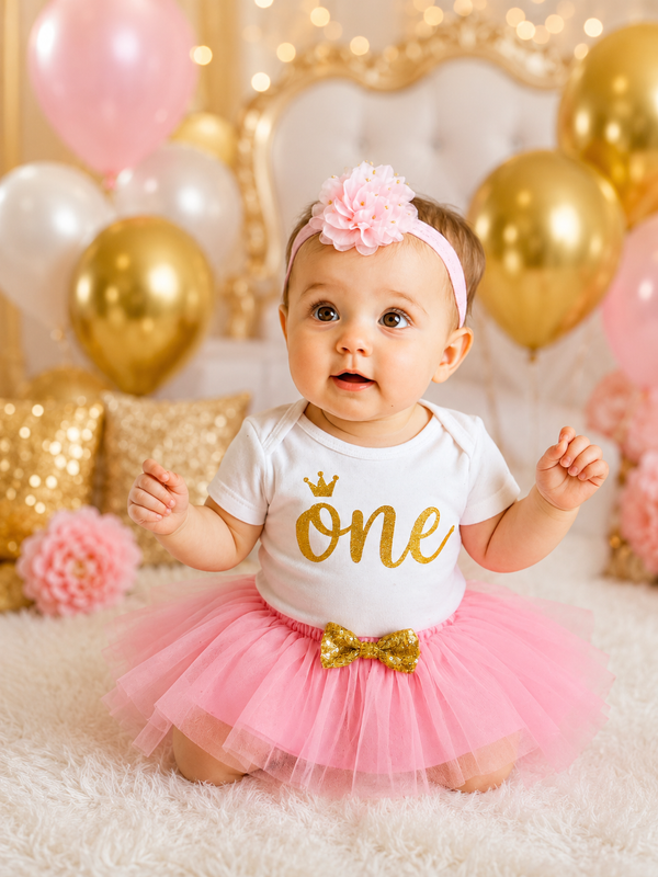Baby Girl 1st Birthday Outfit – Pink Tutu, Gold “One” Bodysuit & Headband Set