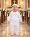 Baby Boy Baptism Outfit White Cotton Romper Set with Hat & Bib – Christening Outfit for Boys