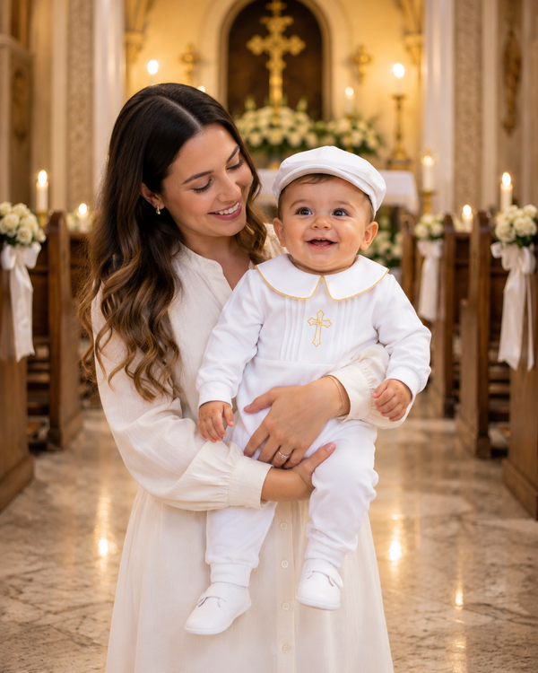 Baby Boy Baptism Outfit White Cotton Romper Set with Hat & Bib – Christening Outfit for Boys