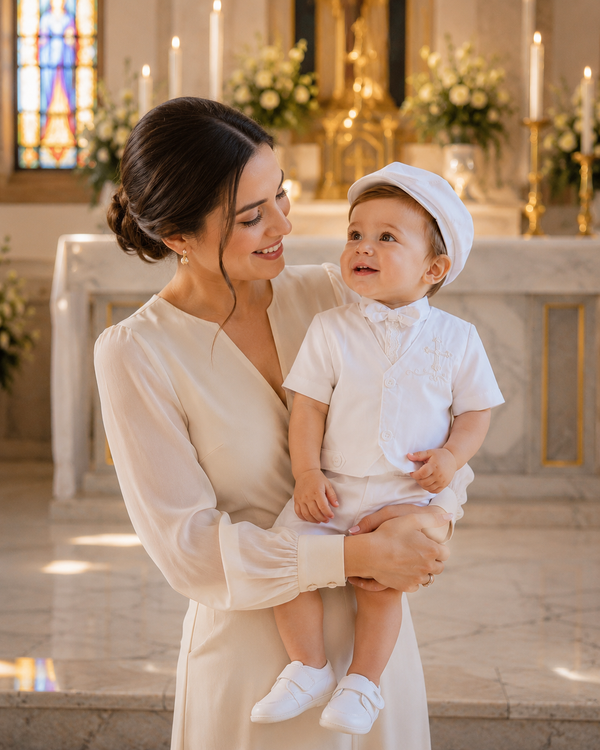 Luxury White Baby Boy Baptism Outfit Set with Shoes , Vest & Hat – Elegant Christening Suit for Church Ceremony