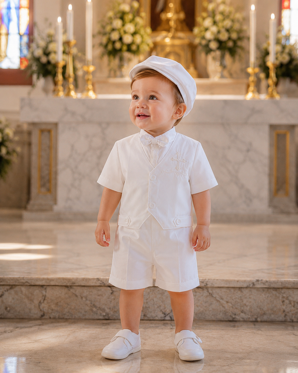Luxury White Baby Boy Baptism Outfit Set with Shoes , Vest & Hat – Elegant Christening Suit for Church Ceremony