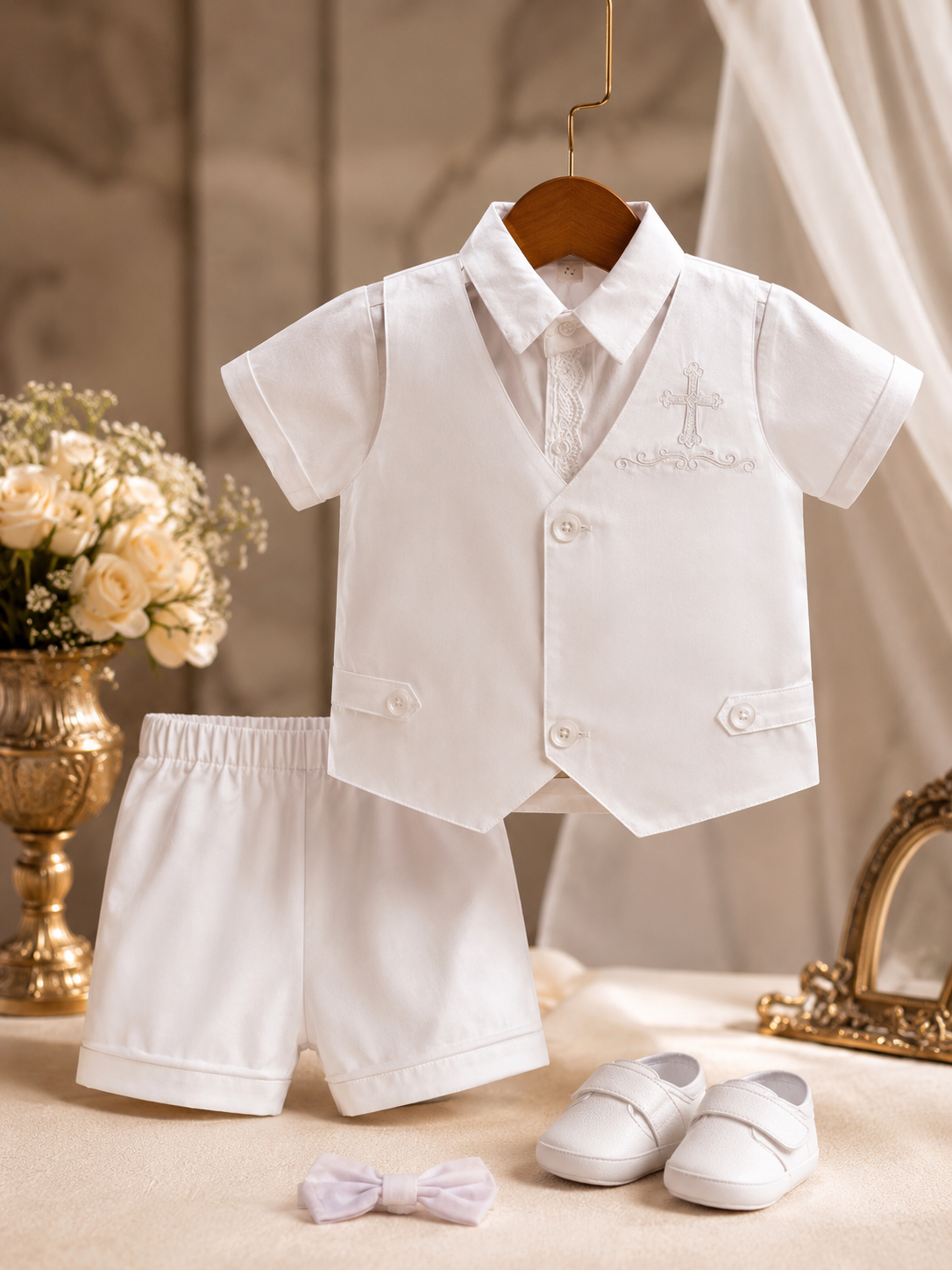 Luxury White Baby Boy Baptism Outfit Set with Shoes , Vest & Hat – Elegant Christening Suit for Church Ceremony