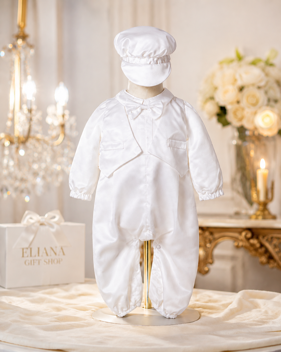 Baby Boy Baptism Outfit with Hat - White Christening Romper Suit for Baptism, Dedication & Special Occasions