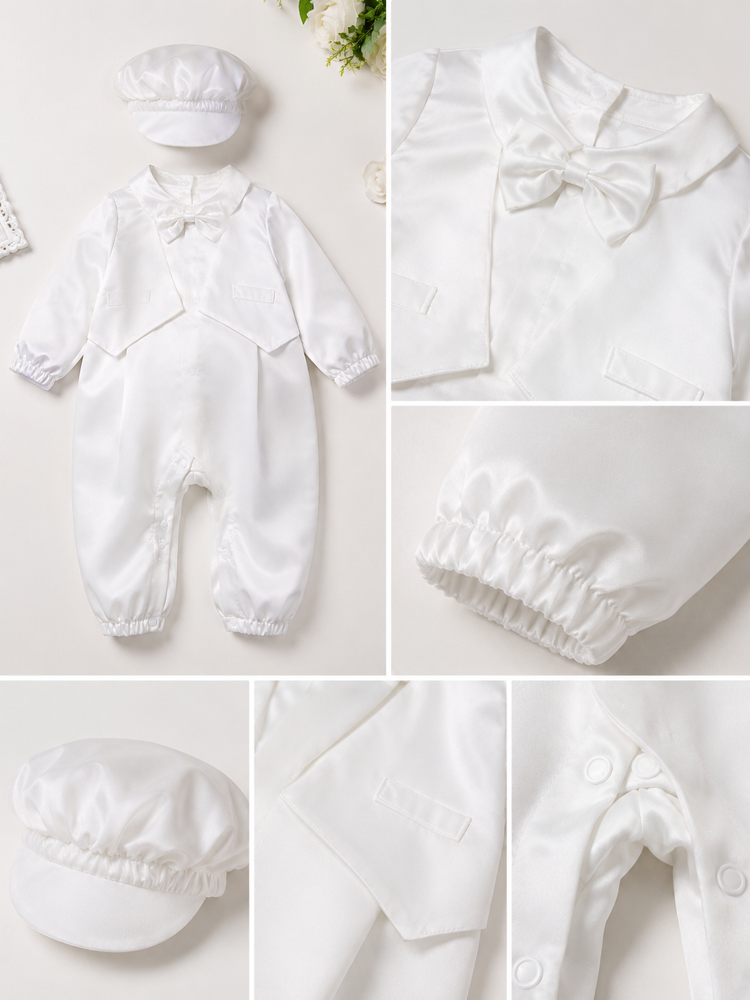 Baby Boy Baptism Outfit with Hat - White Christening Romper Suit for Baptism, Dedication & Special Occasions