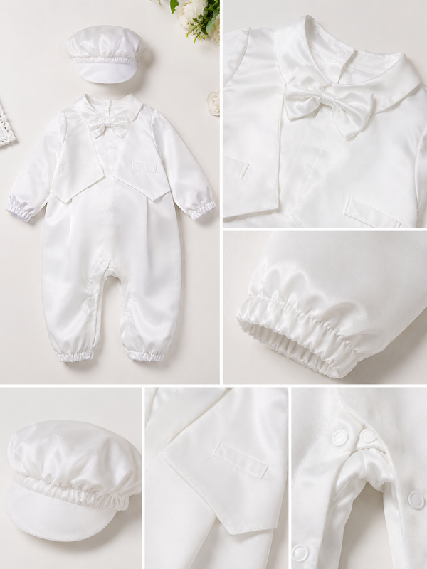Baby Boy Baptism Outfit with Hat - White Christening Romper Suit for Baptism, Dedication & Special Occasions