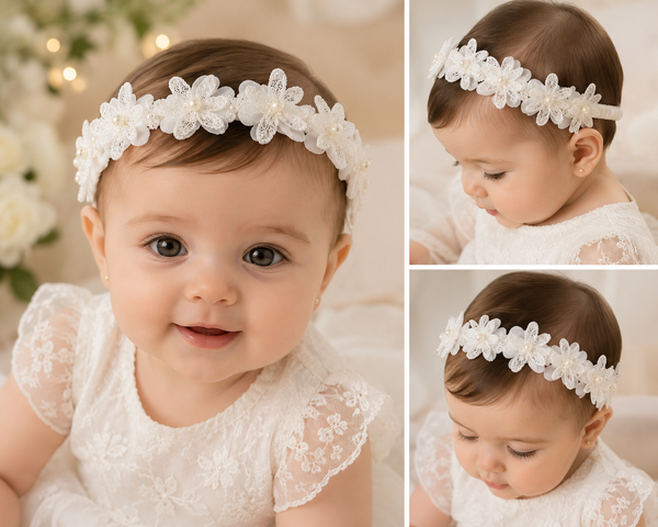 Baby Girl Baptism Headband – White Floral Christening Headband with Pearls