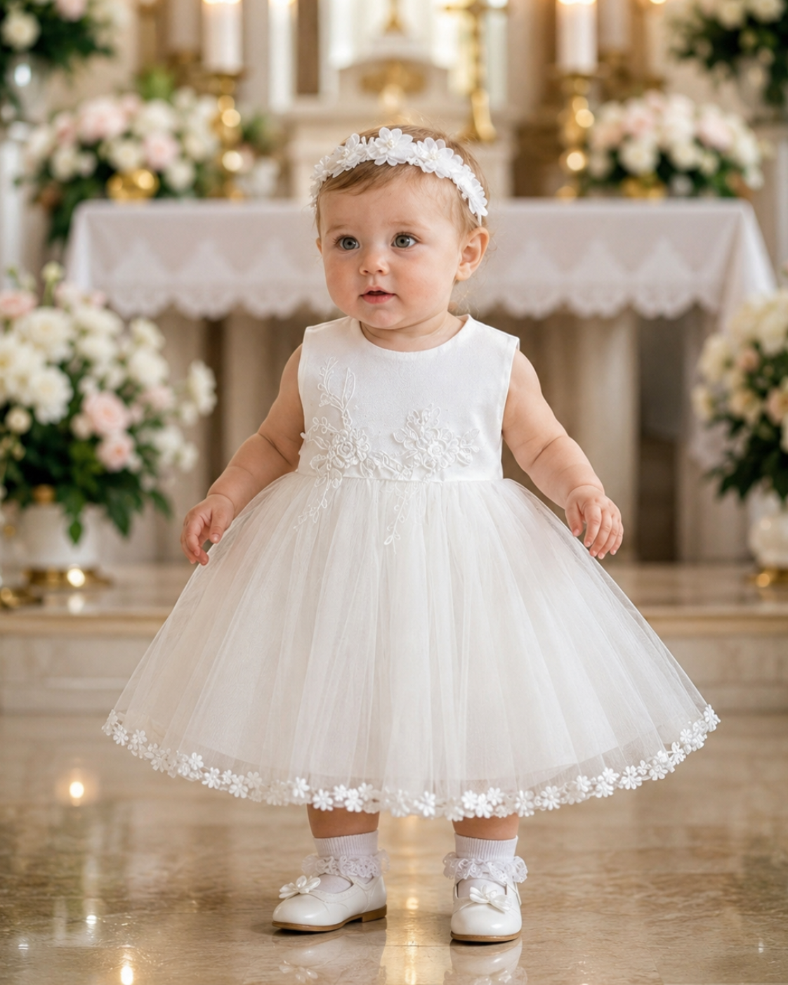 Baby Girl Baptism Dress – White Tulle Christening Gown with Floral Headband | First Birthday Dress