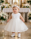 Baby Girl Baptism Dress – White Tulle Christening Gown with Floral Headband | First Birthday Dress