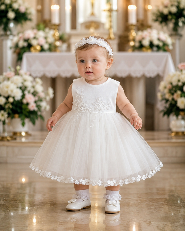 Baby Girl Baptism Dress – White Tulle Christening Gown with Floral Headband | First Birthday Dress