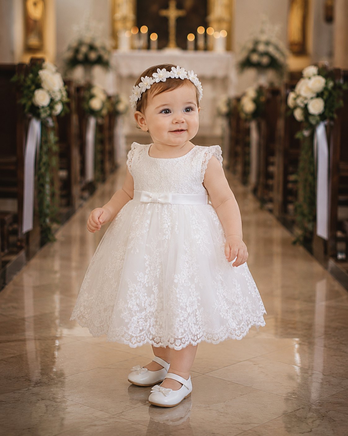 Baby Girl Baptism Headband – White Floral Christening Headband with Pearls