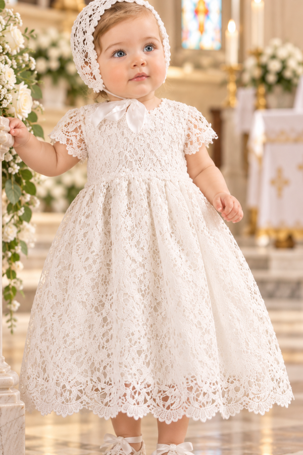 Baby Girl Baptism Dress with Bonnet – White Lace Christening Gown