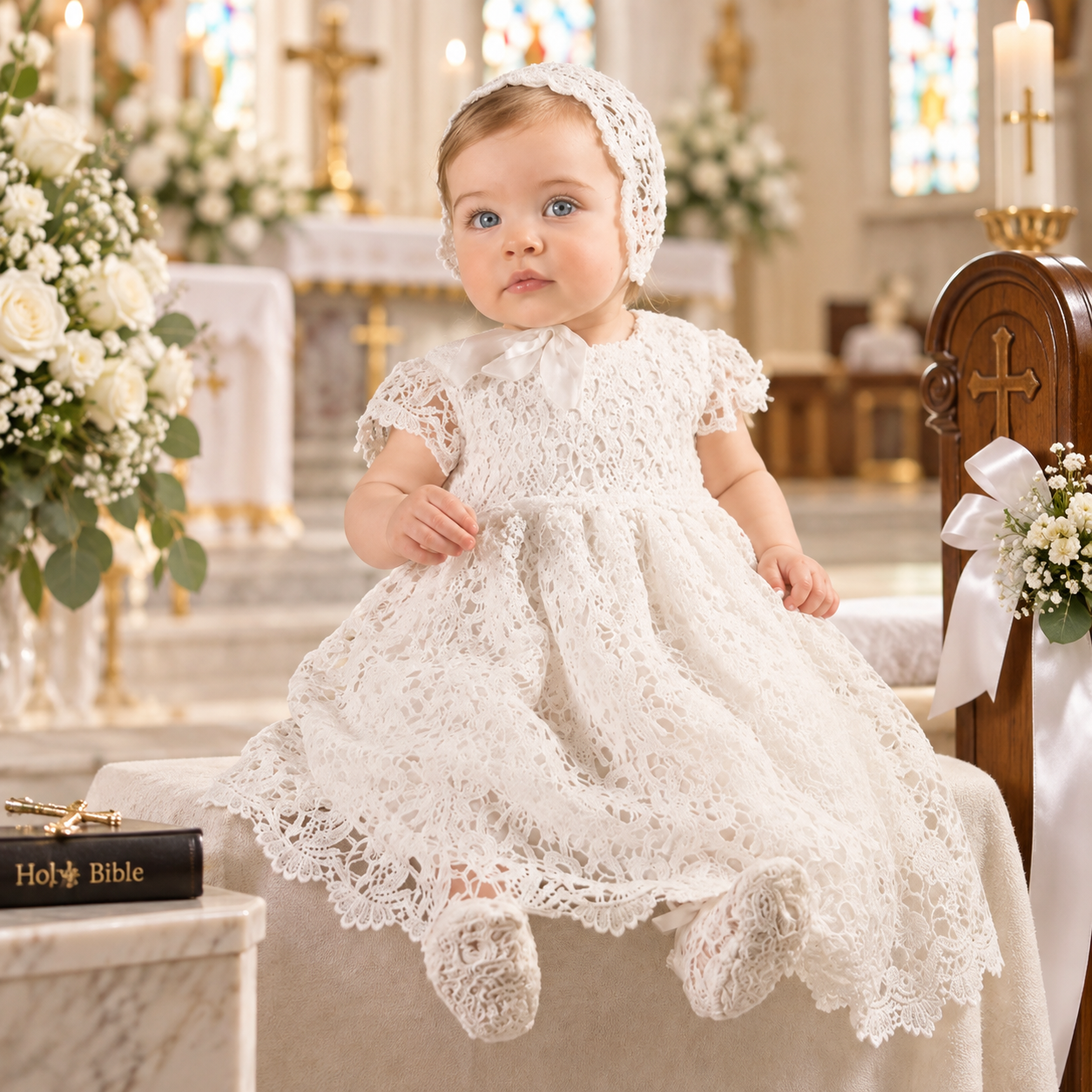 Baby Girl Baptism Dress with Bonnet – White Lace Christening Gown