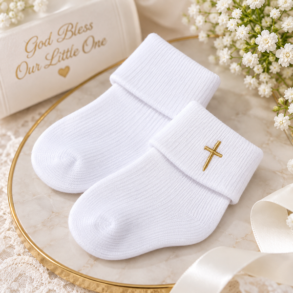 100% Cotton Baby Boy Baptism Outfit with Hat, Socks & Bib – White Christening Romper with Gold Cross