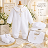 100% Cotton Baby Boy Baptism Outfit with Hat, Socks & Bib – White Christening Romper with Gold Cross