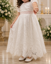 Baby Girl White Baptism Dress with Lace Bonnet | Long Christening Gown with Pink Satin Sash