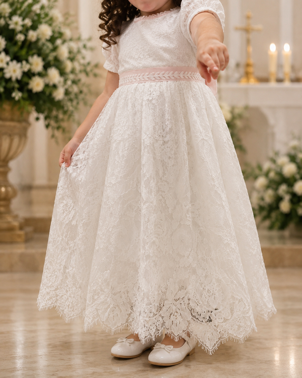 Baby Girl White Baptism Dress with Lace Bonnet | Long Christening Gown with Pink Satin Sash