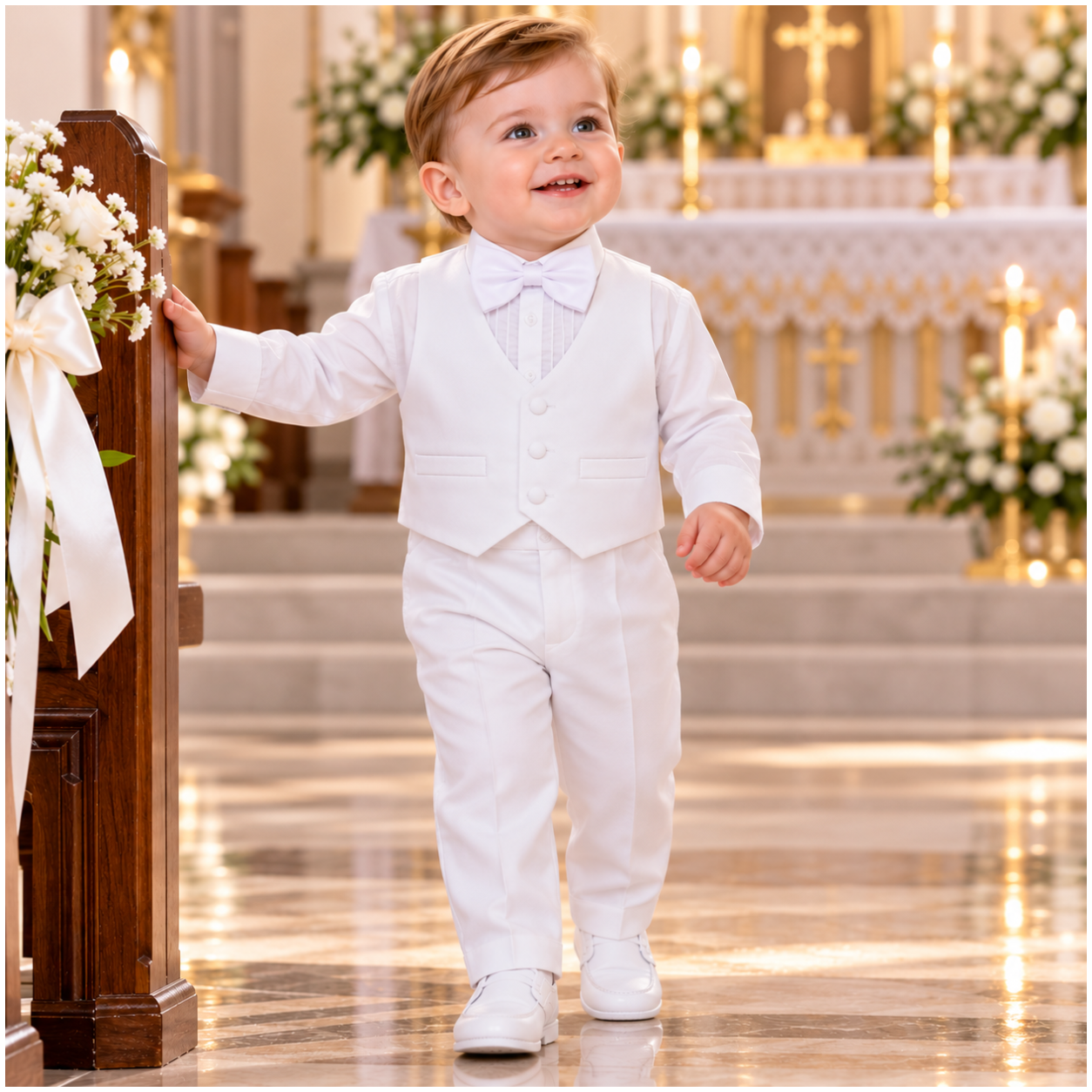 Baby Boy White Baptism Suit with Shoes – 5-Piece Christening Outfit with Jacket, Vest, Bow Tie & Pants