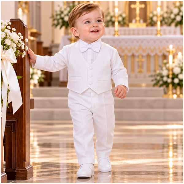 Baby Boy White Baptism Suit with Shoes – 5-Piece Christening Outfit with Jacket, Vest, Bow Tie & Pants