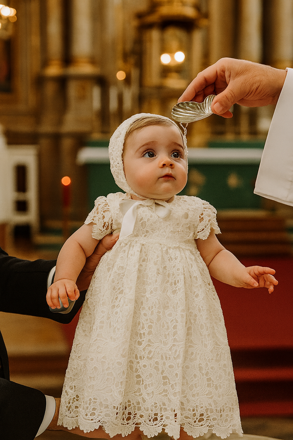 Infant Baptism Dress with Lace Bonnet – Baby Girl Christening Gown