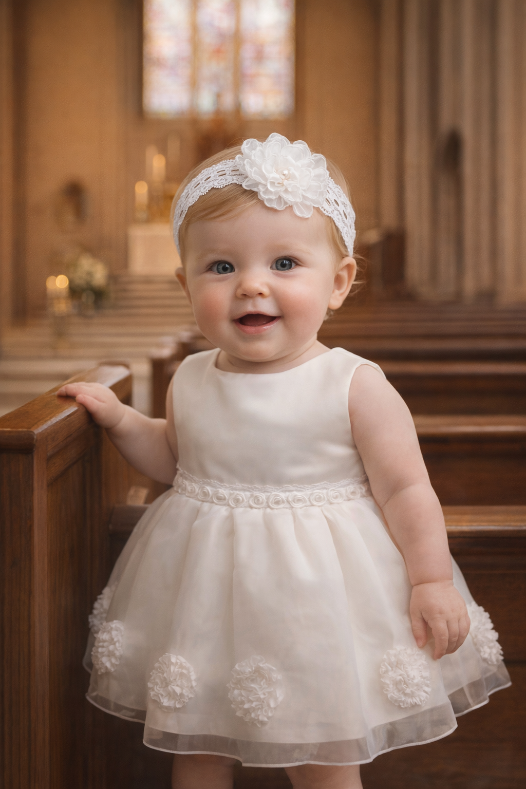 White Baby Christening Dress with Matching Flower Headband – Church Photography Ready