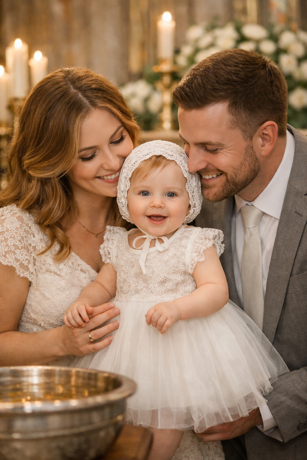Baby Girl Baptism Dress with Matching Bonnet | White Lace Christening Gown for Infant & Toddler