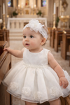 White Baby Christening Dress with Matching Flower Headband – Church Photography Ready