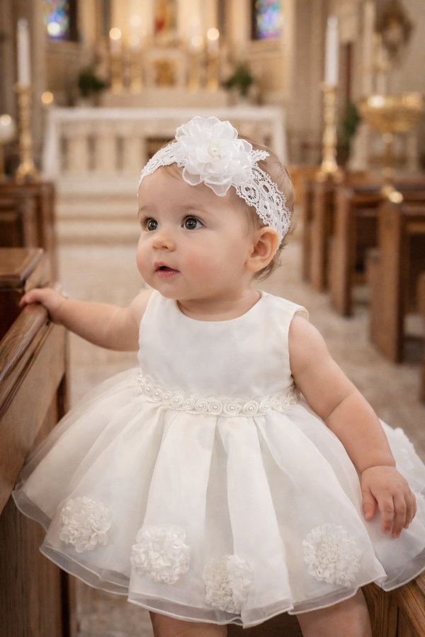 White Baby Christening Dress with Matching Flower Headband – Church Photography Ready