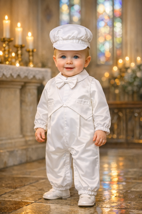 Baby Boy Baptism Outfit with Hat - White Christening Romper Suit for Baptism, Dedication & Special Occasions
