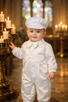 Baby Boy Baptism Outfit with Hat - White Christening Romper Suit for Baptism, Dedication & Special Occasions