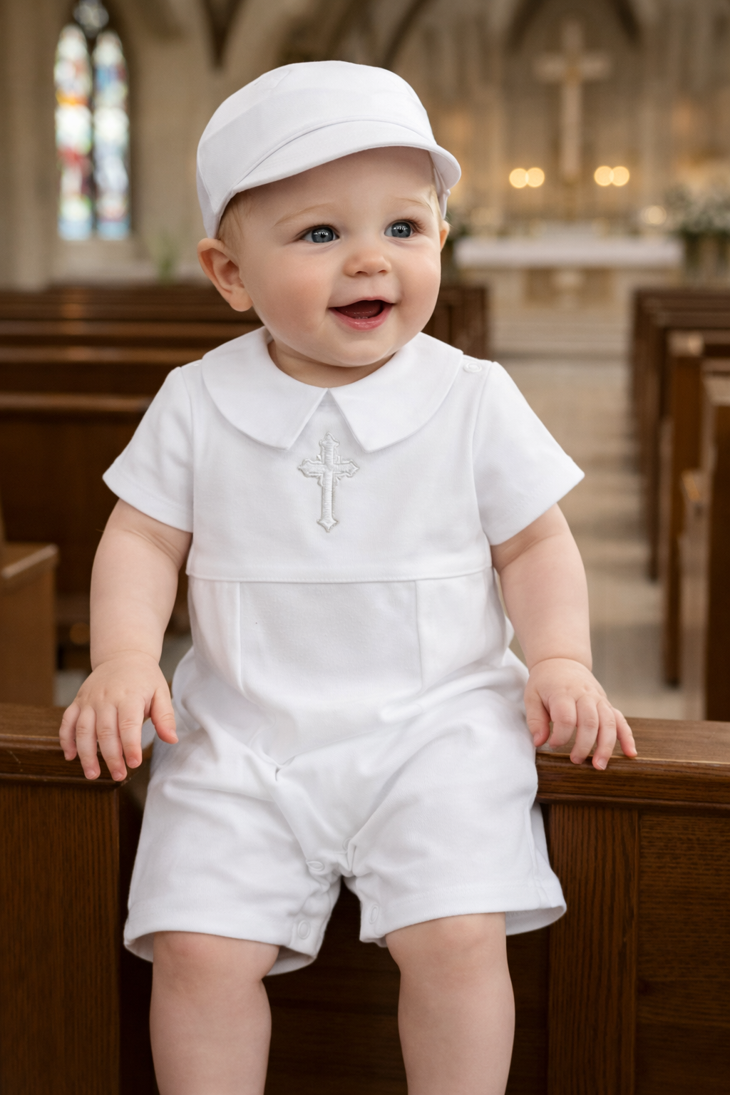 Baby Boy 4‑Piece Christening Outfit – Organic Cotton White Baptism Romper Set with Hat, Bib &Socks
