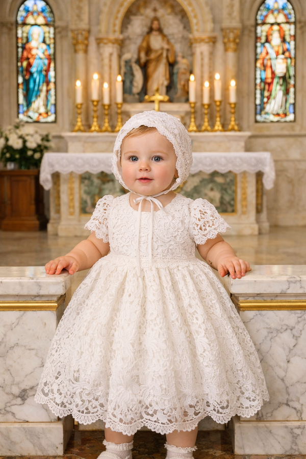 Infant Baptism Dress with Lace Bonnet – Baby Girl Christening Gown