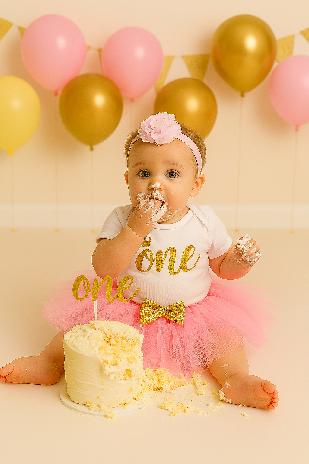 Baby Girl First Birthday Outfit – “One” Gold Letter Onesie, Pink Tutu Skirt & Headband Set
