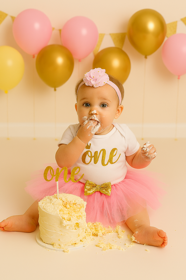 Baby Girl First Birthday Outfit – “One” Gold Letter Onesie, Pink Tutu Skirt & Headband Set