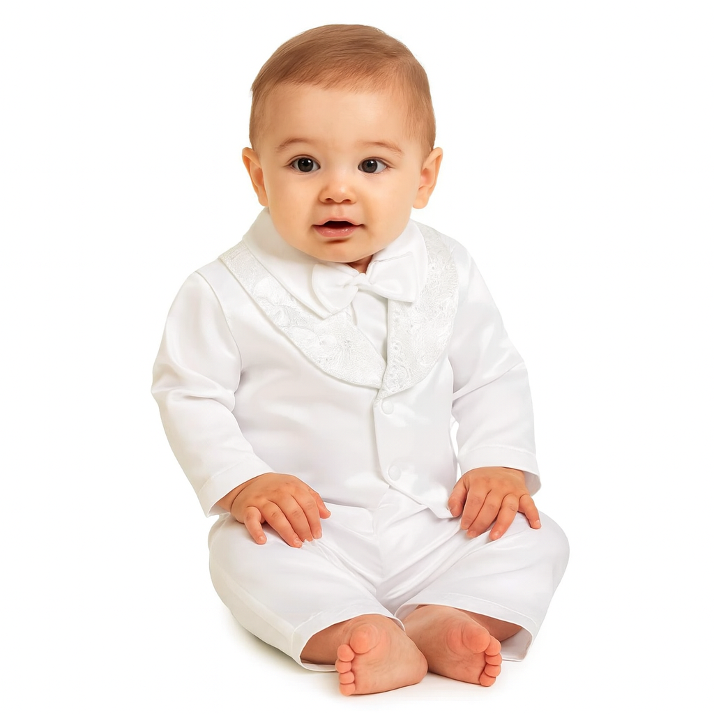 Elegant White Baby Tuxedo Suit for Weddings, Christenings & Formal Events .comes with free shoes