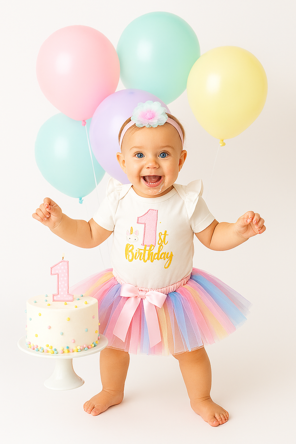 Unicorn First Birthday Outfit for Baby Girls – White Onesie with Rainbow Tutu & Headband