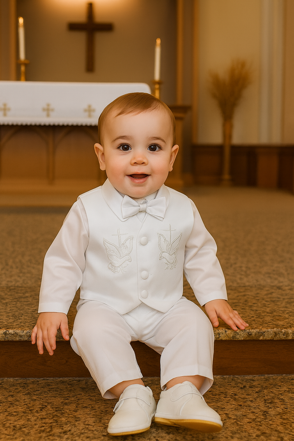Baby Boy Christening Outfit – White Baptism Suit with Vest, Pants & Bonnet